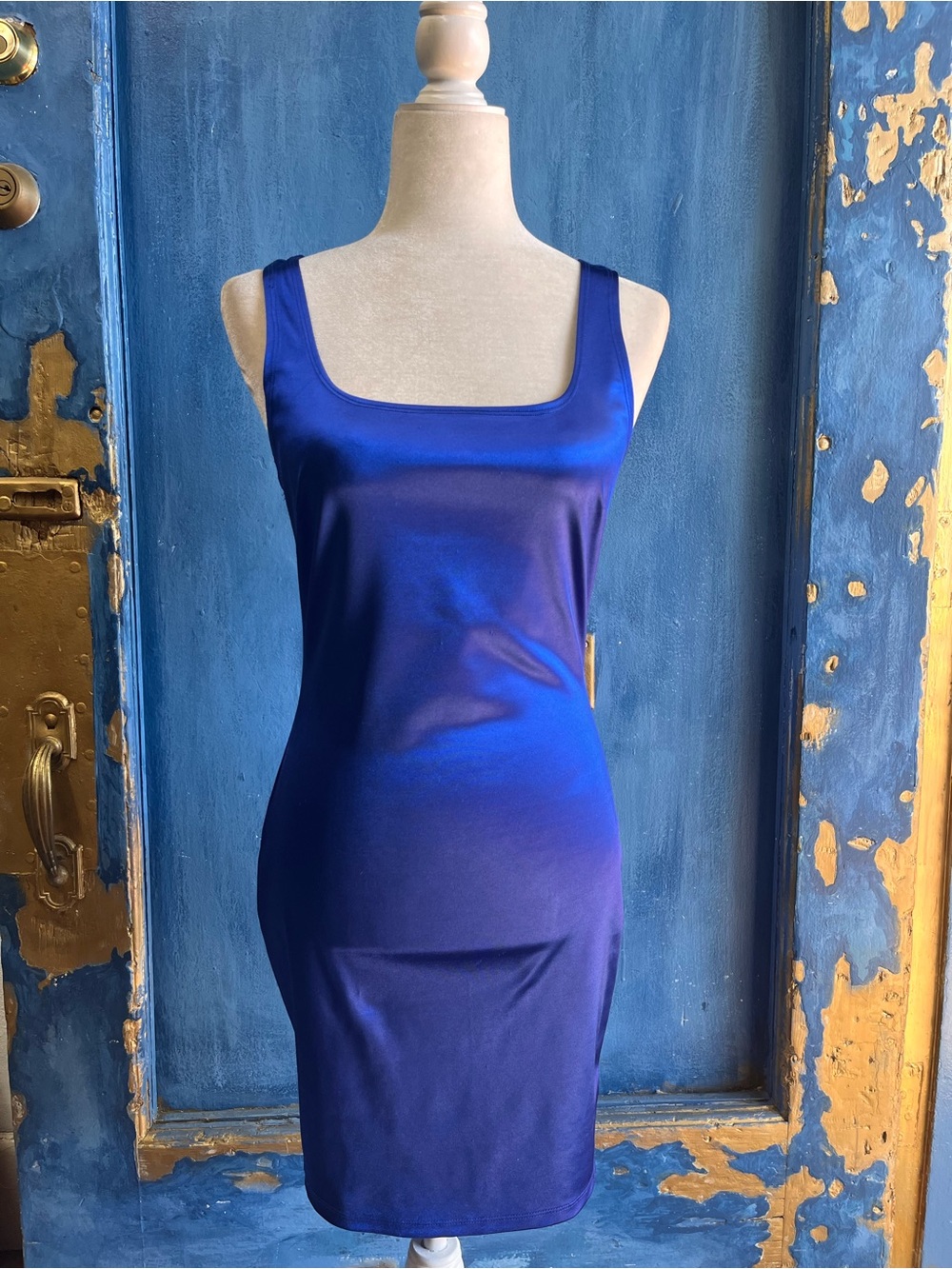 iris Royal Blue Satin Square-Neck Mini Dress